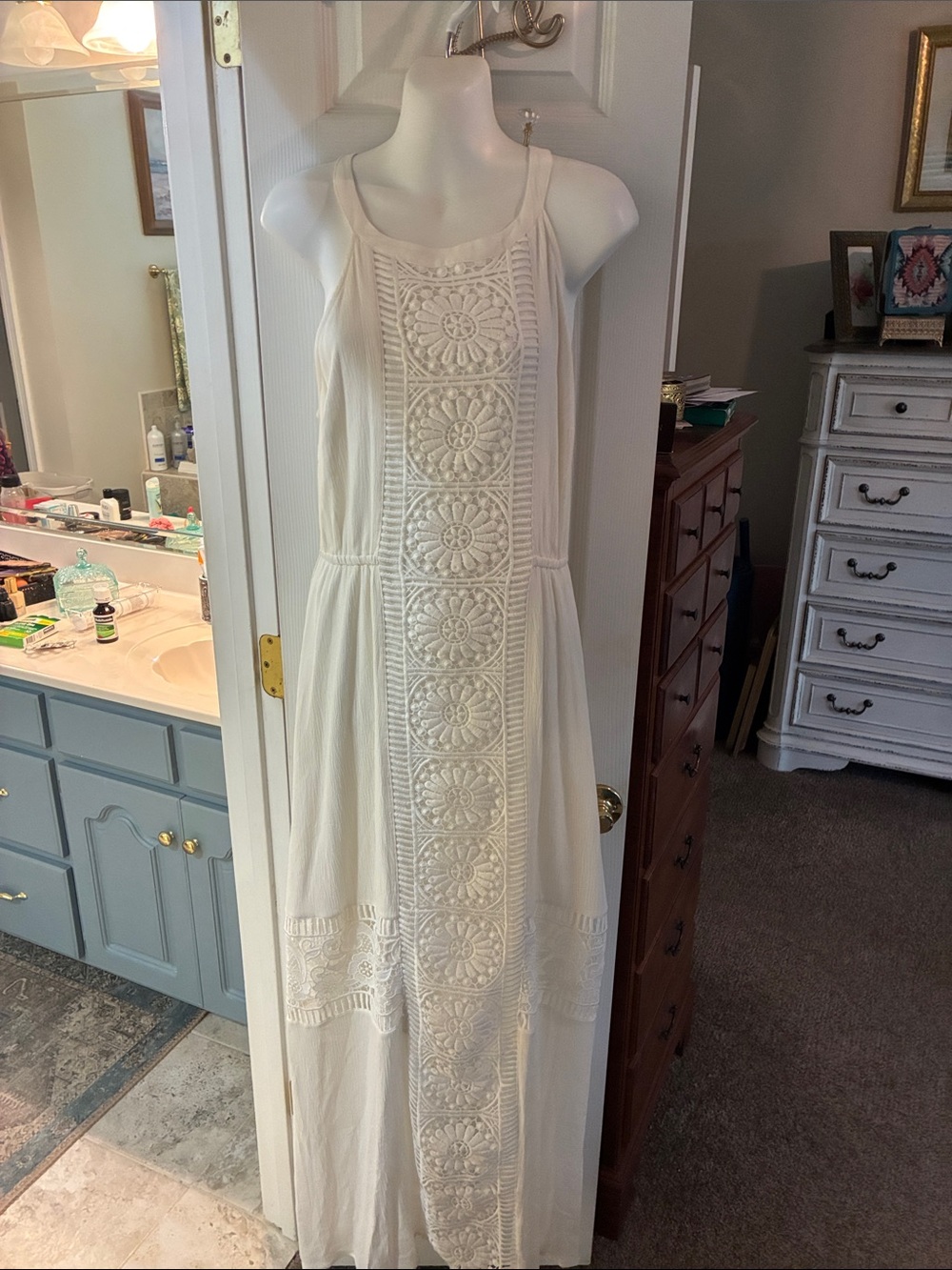 Skies Are Blue Cream Crochet Lace Panel Maxi Dress SZ M